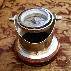 Vintage Nautical Brass Marine Gimbal Compass On Wood Base